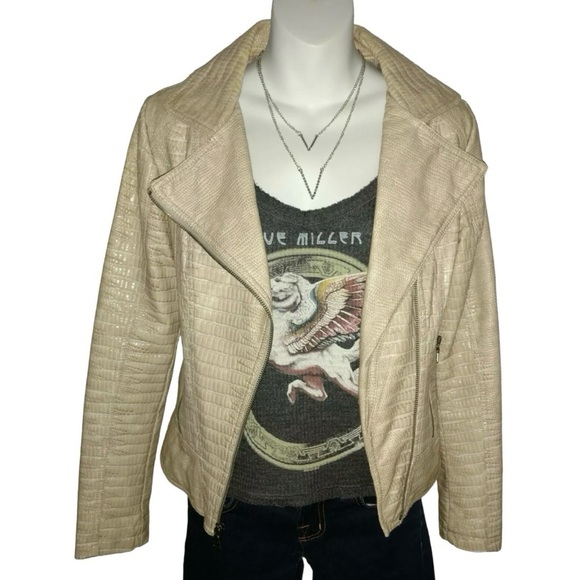 Guess Jacket Motorcycle Moto Embossed Animal Print Faux Leather Tan alt Grunge S - Picture 2 of 13